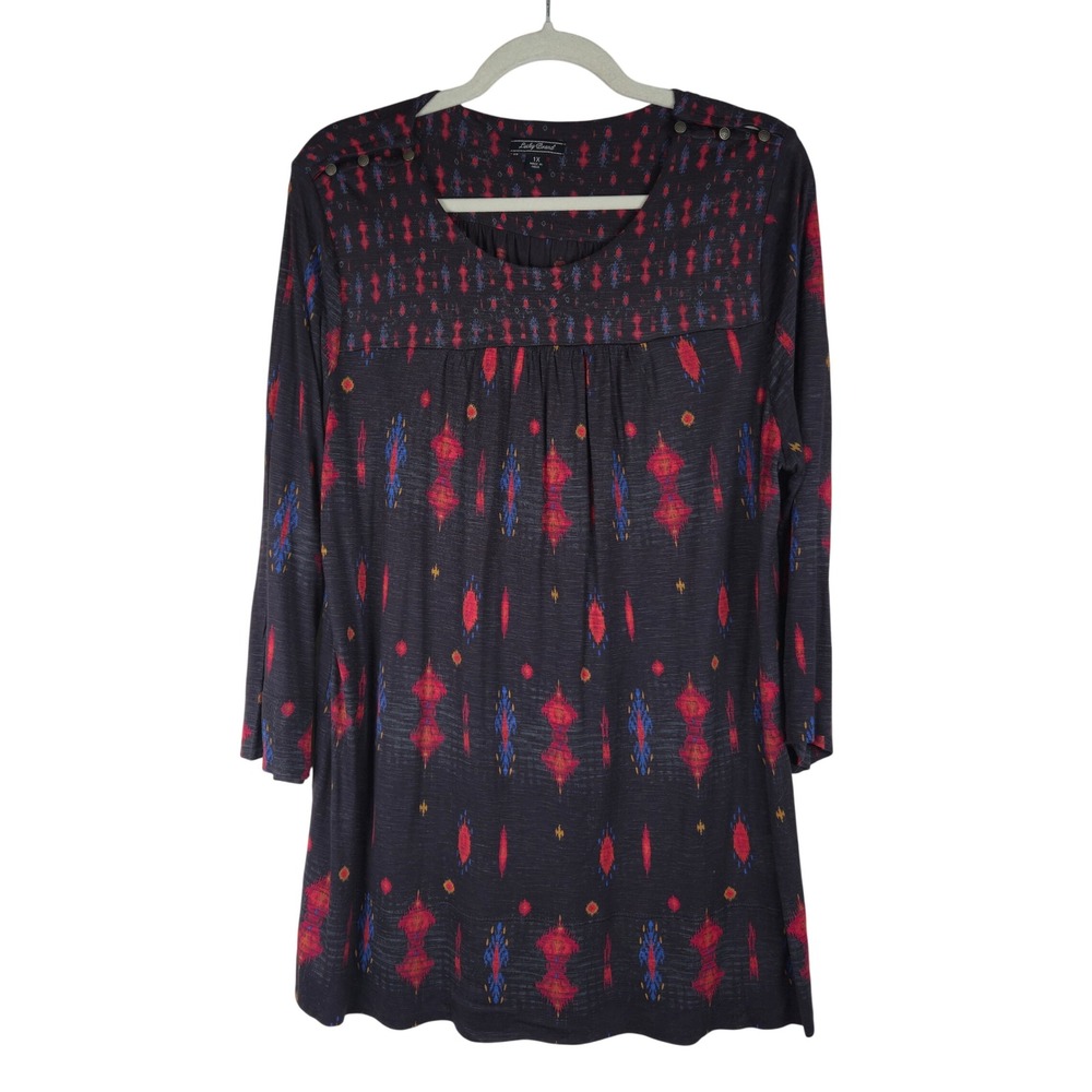 Lucky Brand Womens‎ Black Red Blue Ikat Long Sleeve Tunic Top Southwestern Boho